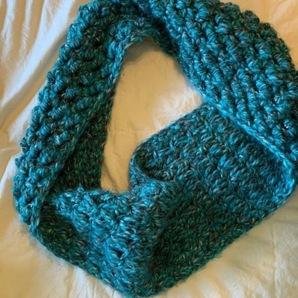 Infinity crochet scarf and headband in teal & grey, OS